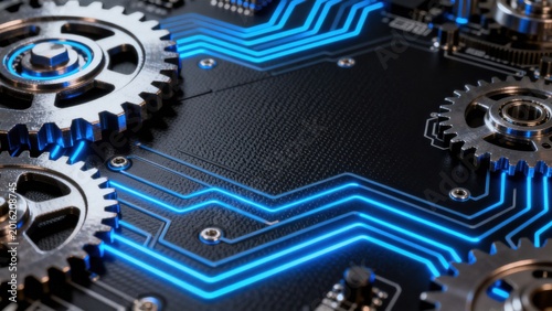 Circuit board with glowing blue lines and metallic gears