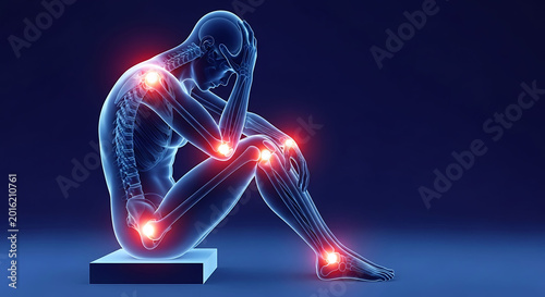 Human skeleton highlighting chronic joint pain and inflammation in full body profile
