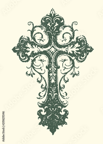 Slika na platnu Ornate green cross with intricate swirling vine-like patterns and decorative ele