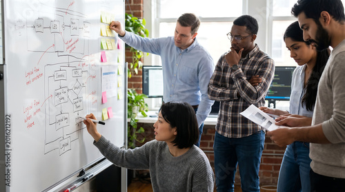 Diverse Business Team Brainstorming Strategy on Whiteboard in Modern Office