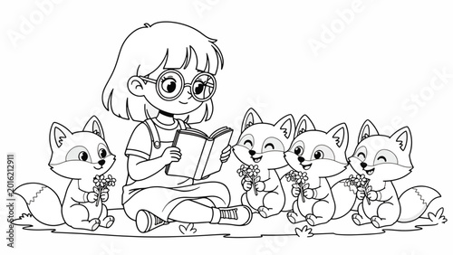 Girl sitting with cute little foxes.