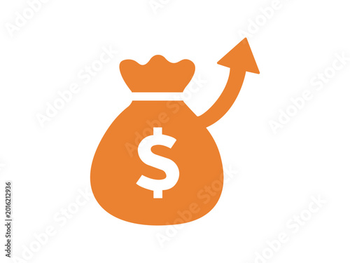Money bag with dollar sign and upward arrow indicating financial growth and profit increase.