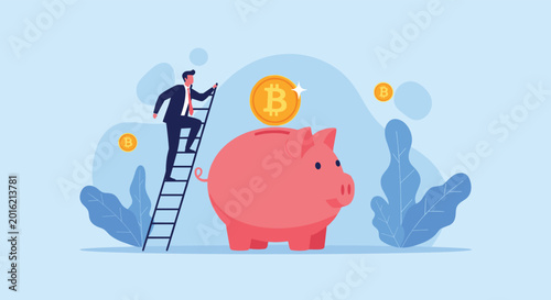 Businessman climbs a ladder towards a large piggy bank, depositing a bitcoin coin, symbolizing cryptocurrency saving, digital asset investment, and financial future planning.