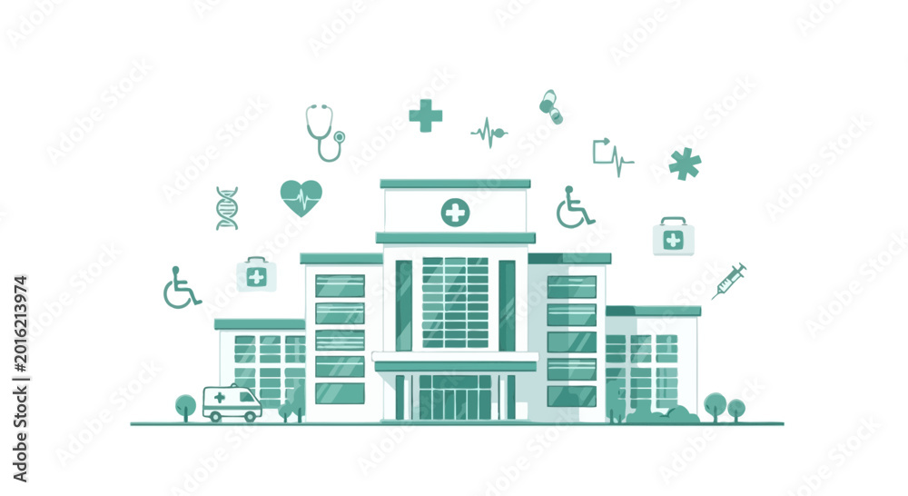 Obraz premium Hospital Illustration with Medical Symbols Representing Healthcare and Medical Services