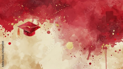 Red graduation cap floats amidst vibrant watercolor splashes. Warm tones suggest celebration and achievement. Ideal for education-themed designs or event promotions. Suitable for banners, invitations