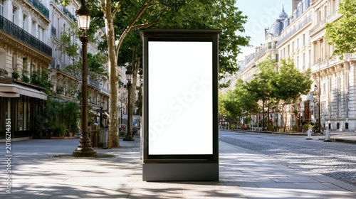 Blank vertical billboard mockup on a sunny city street sidewalk with Parisian architecture