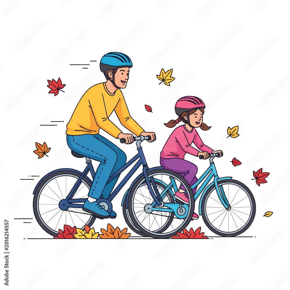 Fototapeta premium Father and Daughter Riding Bicycles in Autumn Illustration