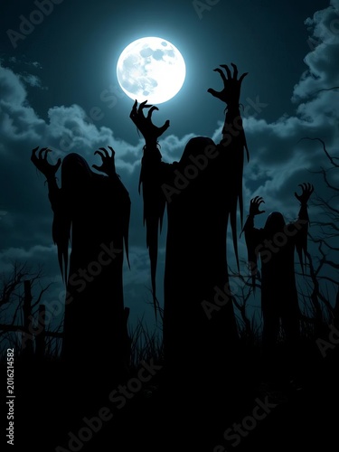 Spooky night with creepy figures cast in black against a moonlit sky,  dread,  night