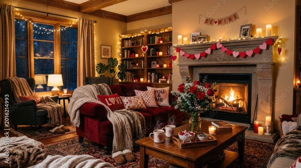 Fototapeta premium Cozy Valentine's Day living room with fireplace and romantic decor