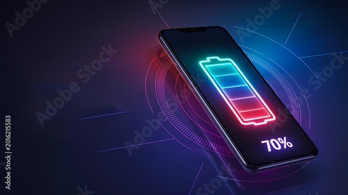 Smartphone battery charging with glowing energy level and futuristic technology concept
