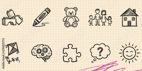 фотографія Black ink scribble doodle vector vintage hand drawn illustration of childhood ki