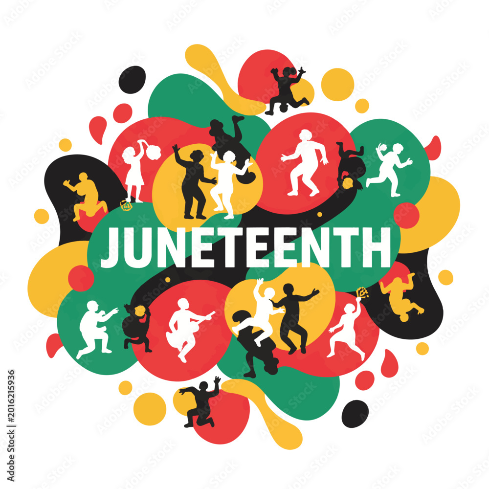 Fototapeta premium Juneteenth Celebration Illustration with People Silhouettes and Pan-African Abstract Shapes