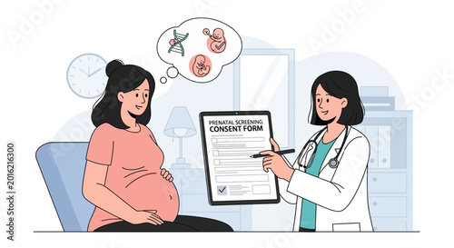 Pregnant woman consults doctor about prenatal screening consent form, thinking about baby and DNA