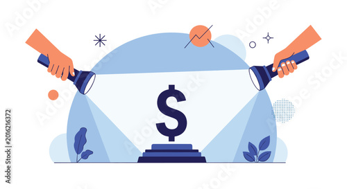 Two hands holding flashlights illuminate a large dollar currency symbol on a pedestal, representing financial scrutiny, focus on the dollar, and economic analysis.