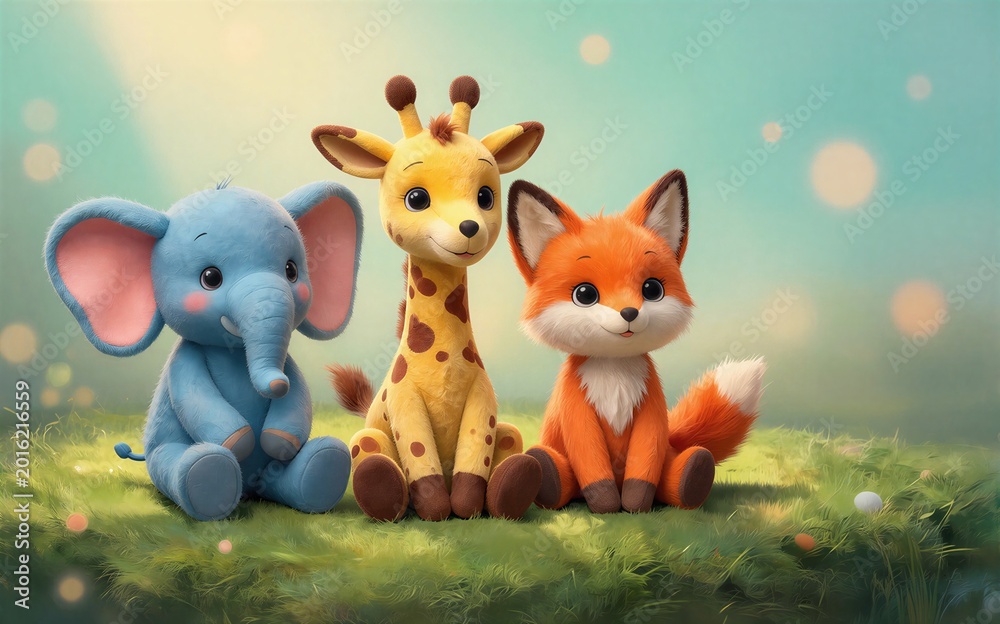 Fototapeta premium Three plush animals elephant giraffe fox sit together on a grassy