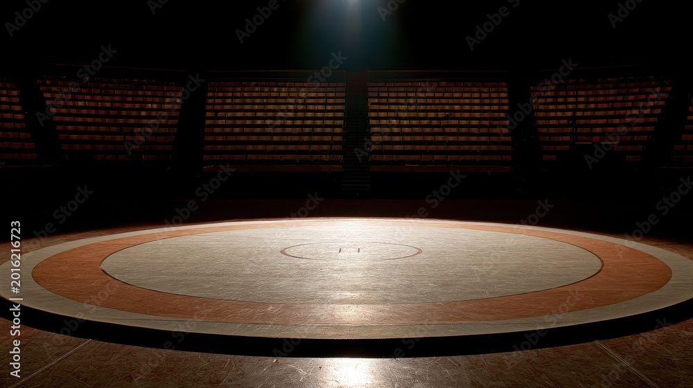 Obraz premium Empty Wrestling Mat Under Dramatic Spotlight in Darkened Sports Arena