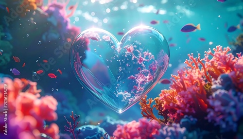 Transparent Heart Shaped Bubble Floating In A Vibrant Underwater Coral Reef Digital Illustration With Colorful Fish And Glowing Sunbeams Through Blue