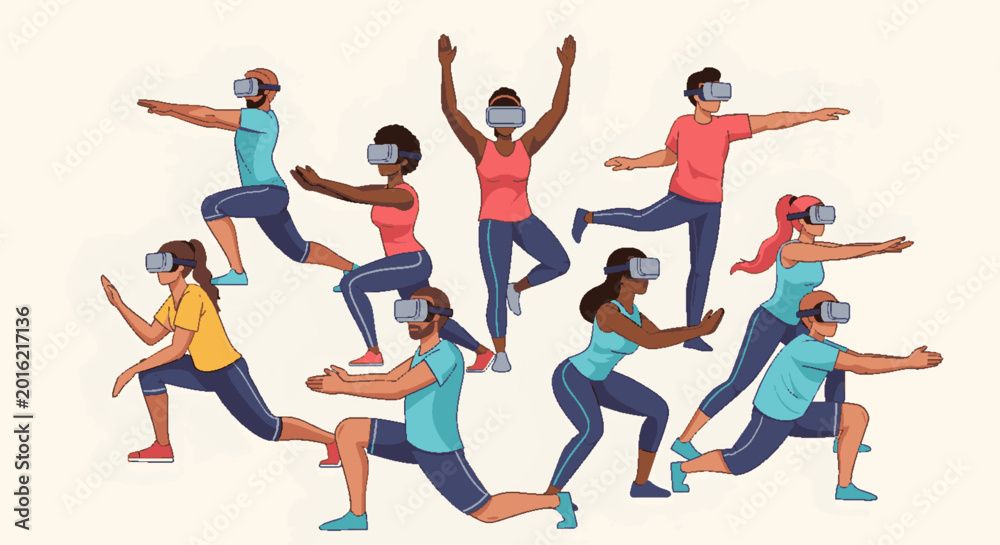 Fototapeta premium Diverse people exercising in virtual reality. Group wearing VR headsets performing various fitness poses for an immersive digital workout experience.