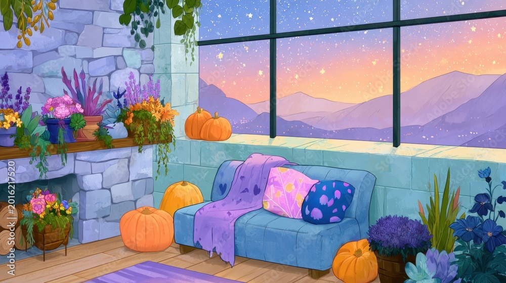 Fototapeta premium Cozy living room with pumpkins and flowers overlooking a starry mountain landscape