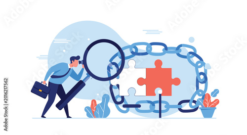 Businessman with a magnifying glass examining a broken chain with missing puzzle pieces, symbolizing problem-solving, identifying weaknesses, and strategic analysis.