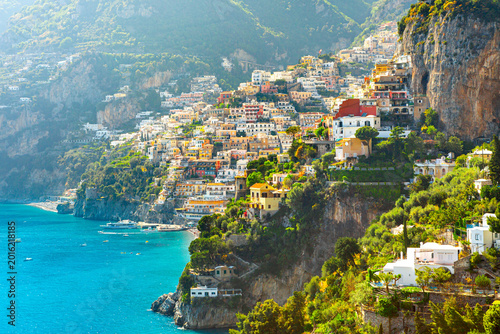 Bild auf Leinwand Morning view of Positano cityscape on coast line of mediterranean sea, Italy