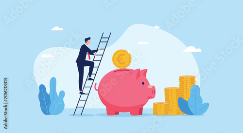 Man climbing a ladder to put a euro coin into a piggy bank, surrounded by stacks of coins, representing savings, financial growth, and euro investment.