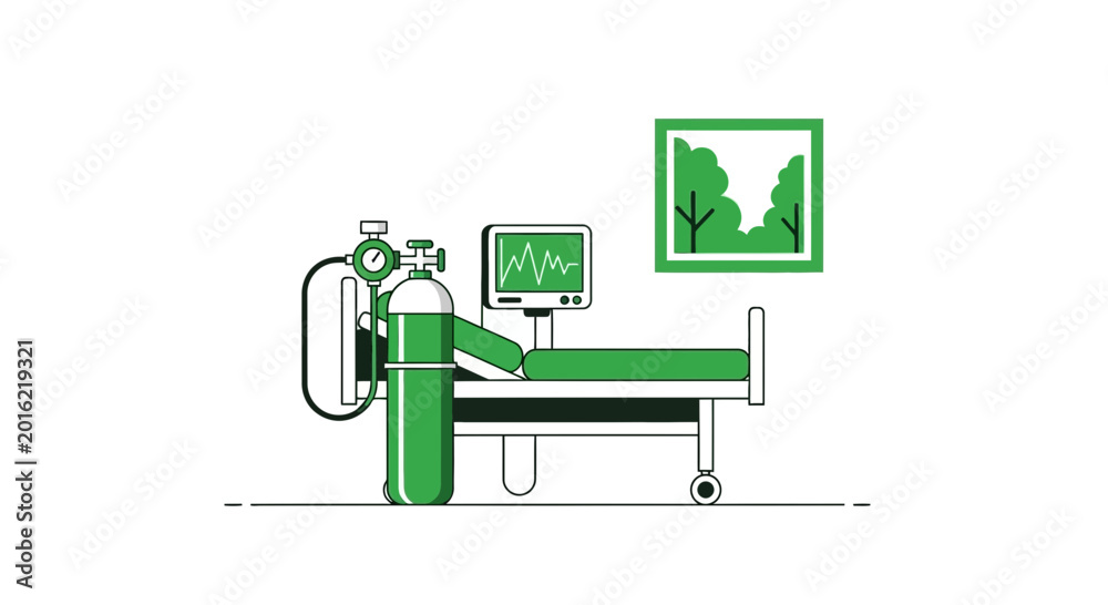 Fototapeta premium Hospital Room Depicting Oxygen Tank And Monitoring Equipment For Patient Care