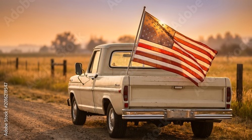 Vintage pickup truck with american flag in the back on a rural dirt road at sunset