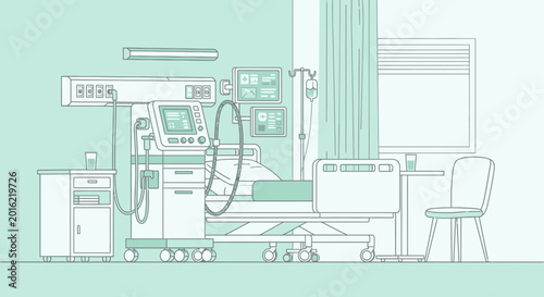 Hospital Room Depiction Featuring Advanced Medical Equipment, Ready for Healthcare Illustrations