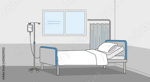 Hospital Room Depiction Featuring an Empty Bed, Medical Equipment and Window Illustration