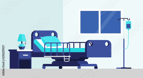 Hospital Room Depiction Featuring an Empty Bed, IV Drip, and Other Medical Elements