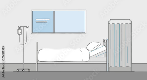 Hospital Room Depiction Featuring an Empty Bed, Medical Drip, and Privacy Curtain
