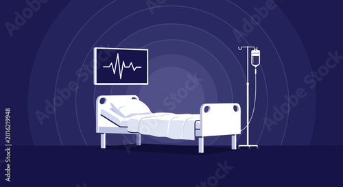 Hospital Room Depiction Featuring an Empty Bed, Monitoring and Intravenous Drip System