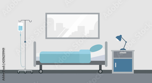 Hospital Room Depiction Featuring an Empty Bed, Medical Equipment, and a Skyline Art