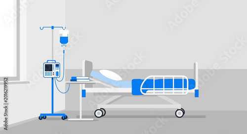 Hospital Room Depiction Featuring an Empty Bed, Medical Equipment, and a Window