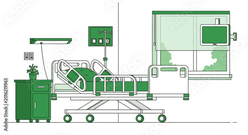 Hospital Room Depiction Featuring an Empty Bed, Medical Equipment, Window and Display