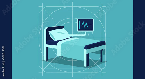 Hospital Room Depiction Featuring an Examination Bed and Vital Signs Monitor Display
