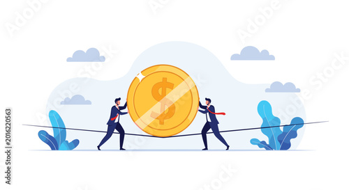 Two businesspeople balancing a giant dollar coin on a tightrope, illustrating currency stability, economic risk, and financial market challenges in business.