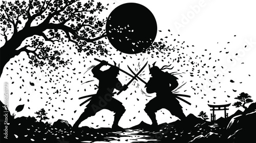 Fotografía Two samurai warriors engaged in a fierce sword fight under a full moon and cherr