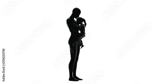 Photos Silhouette of a robotic mother tenderly cradling her infant robot against a brig