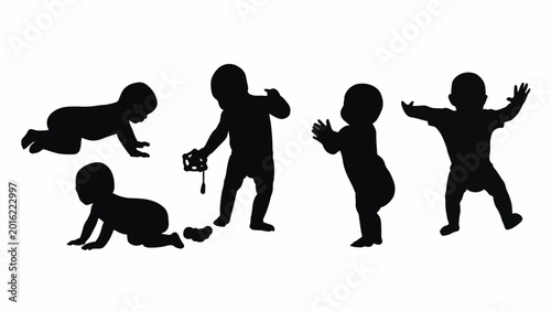 Silhouettes of baby crawling walking.