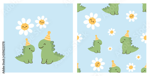 Cute dinosaur seamless pattern for kids with daisy flowers and party hat illustration.