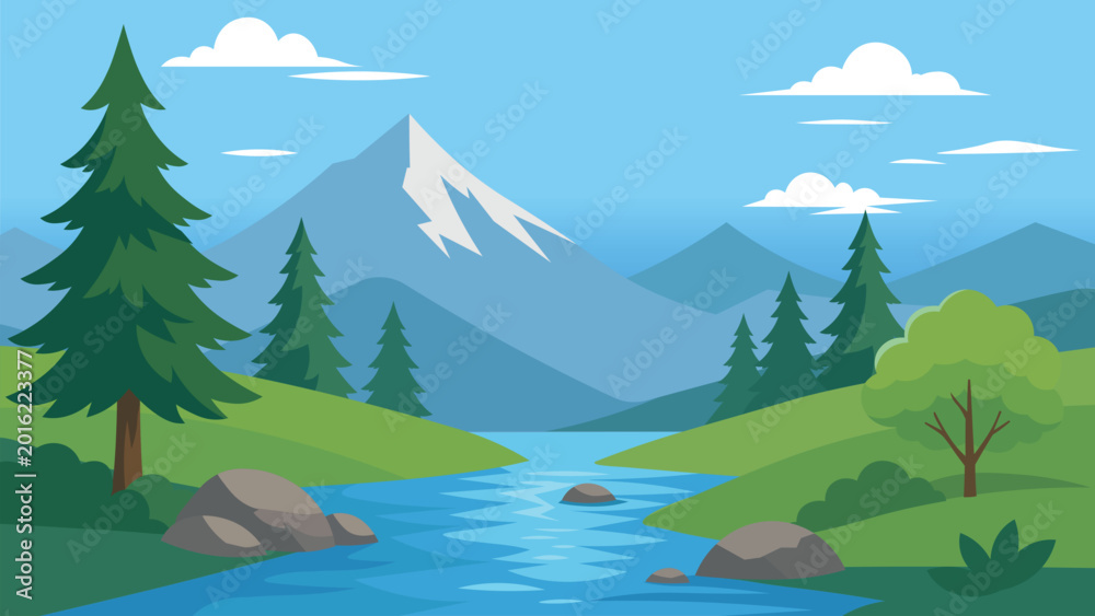 Fototapeta premium Peaceful vector landscape with a flowing river, evergreen forest, and mountain scenery in a flat cartoon style