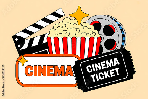 A cinematic scene with a bucket of popcorn, film reel, clapperboard, and cinema tickets.