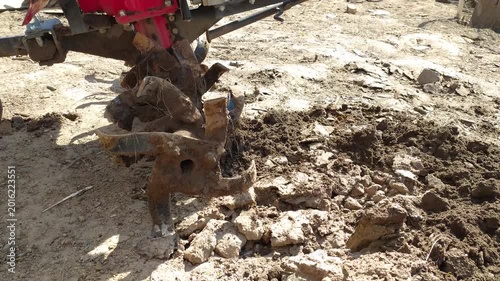 Motorized garden cultivator walking tractor spinning metal blades deep into hard dry earth to loosen soil for spring planting preparation on sunny agricultural field site