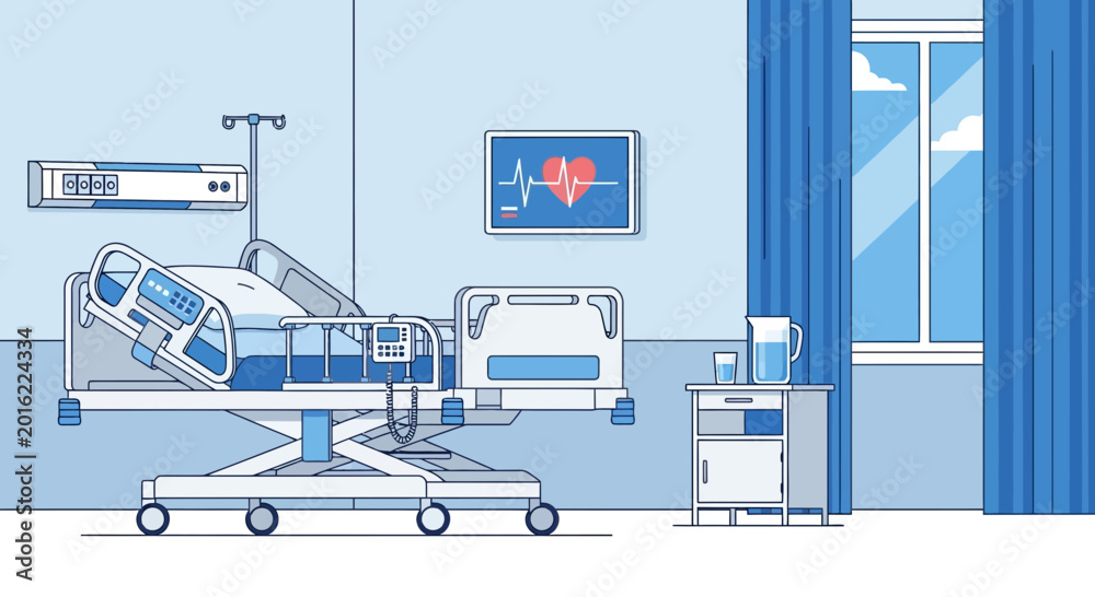 Fototapeta premium Hospital Room Depiction Featuring Monitoring Equipment And A Patient Bed.