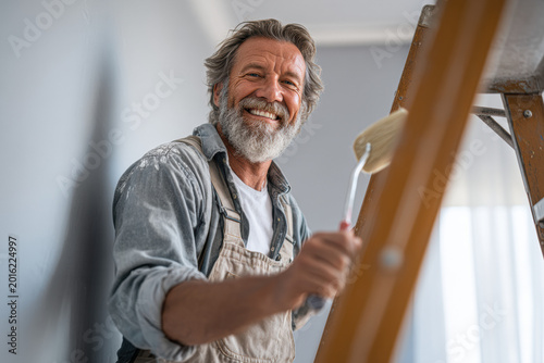 A cheerful man with a beard paints a wall while standing on a ladder, wearing overalls and holding a brush.