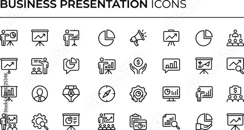 Business presentation icons set featuring charts teamwork communication marketing strategy and data visualization elements for professional digital slides