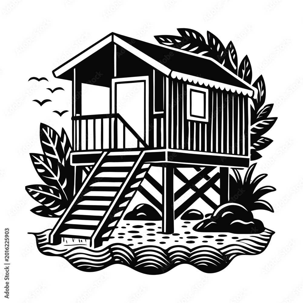 Fototapeta premium Stilt House, Beach Hut, Tropical Vector Illustration, Black and White