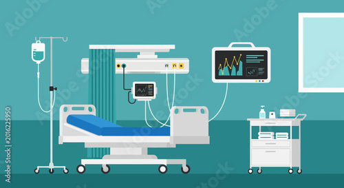 Hospital Room Depiction Illustrating Modern Medical Equipment and Patient Care
